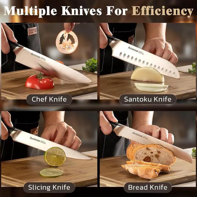 Alt view image 6 of 7 - Astercook Knife Set, Kitchen Knives Set with Block and Sharpener Full Tang 17 Pcs German Stainless Steel Knives Sharp Blade Dishwasher Safe Premium Knife Set, Black Father Day Gifts for Men