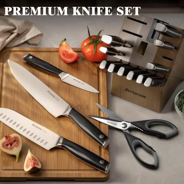 Alt view image 7 of 7 - Astercook Knife Set, Kitchen Knives Set with Block and Sharpener Full Tang 17 Pcs German Stainless Steel Knives Sharp Blade Dishwasher Safe Premium Knife Set, Black Father Day Gifts for Men
