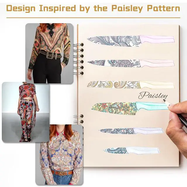 Alt view image 2 of 6 - Astercook 6-Pieces Paisley Pattern Knife Set with Cover, Colorful Kitchen Knives Sets German Stainless Steel, Ideal Gift for Kitchen, Dishwasher Safe