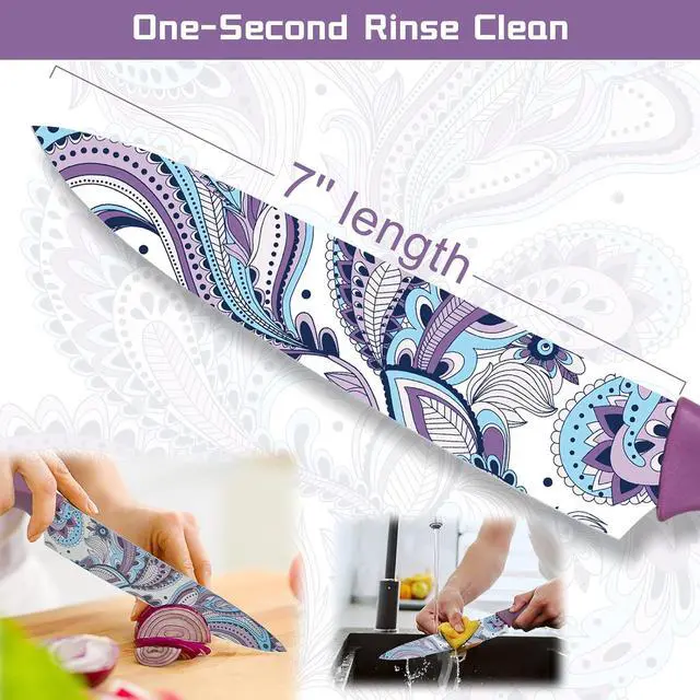 Alt view image 3 of 6 - Astercook 6-Pieces Paisley Pattern Knife Set with Cover, Colorful Kitchen Knives Sets German Stainless Steel, Ideal Gift for Kitchen, Dishwasher Safe