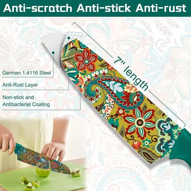 Alt view image 5 of 6 - Astercook 6-Pieces Paisley Pattern Knife Set with Cover, Colorful Kitchen Knives Sets German Stainless Steel, Ideal Gift for Kitchen, Dishwasher Safe