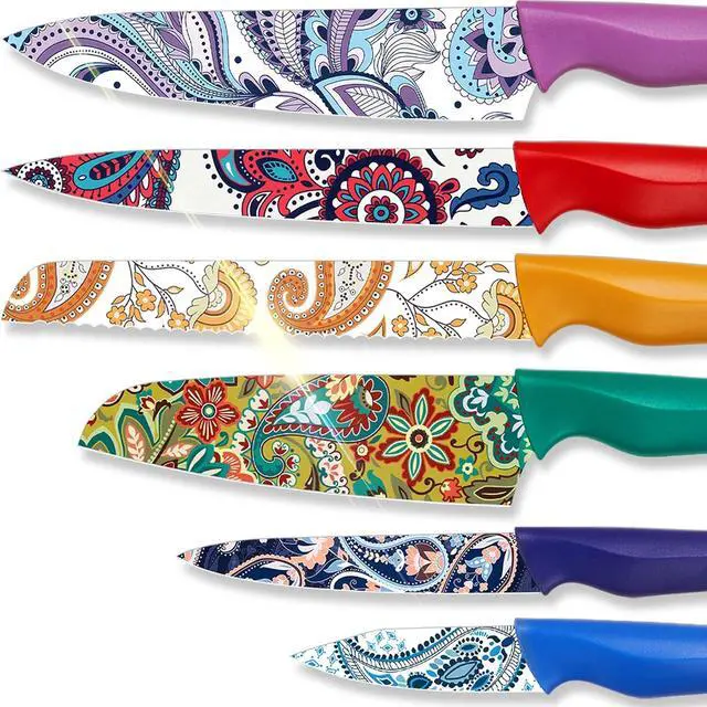 Main image of Astercook 6-Pieces Paisley Pattern Knife Set with Cover, Colorful Kitchen Knives Sets German Stainless Steel, Ideal Gift for Kitchen, Dishwasher Safe
