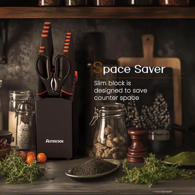 Alt view image 3 of 7 - Astercook 15 Pcs Knife Set, Dishwasher Safe Kitchen Knife Set with Built-in Sharpener Stainless Steel Black Knife