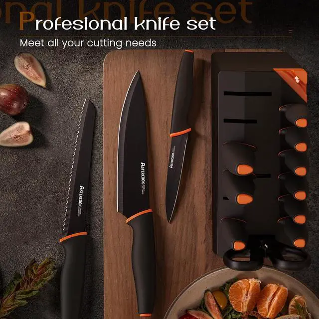 Alt view image 4 of 7 - Astercook 15 Pcs Knife Set, Dishwasher Safe Kitchen Knife Set with Built-in Sharpener Stainless Steel Black Knife