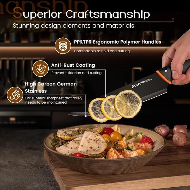 Alt view image 5 of 7 - Astercook 15 Pcs Knife Set, Dishwasher Safe Kitchen Knife Set with Built-in Sharpener Stainless Steel Black Knife