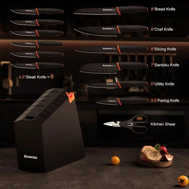 Alt view image 6 of 7 - Astercook 15 Pcs Knife Set, Dishwasher Safe Kitchen Knife Set with Built-in Sharpener Stainless Steel Black Knife