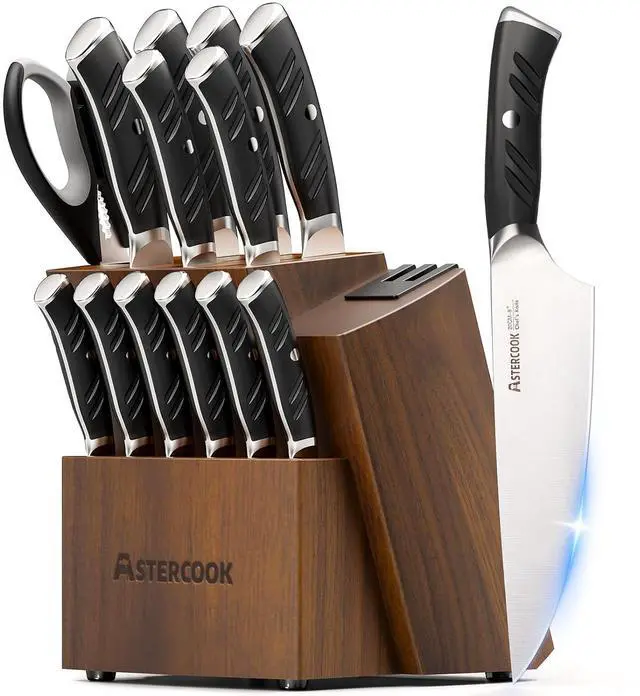Main image of Astercook Knife Set, Kitchen Knives Set with Block and Dual Sharpener Full Tang 15 Pcs German Stainless Steel Knives Sharp Blade Dishwasher Safe Knife Set with Ergonomic Handle, Elegant Black