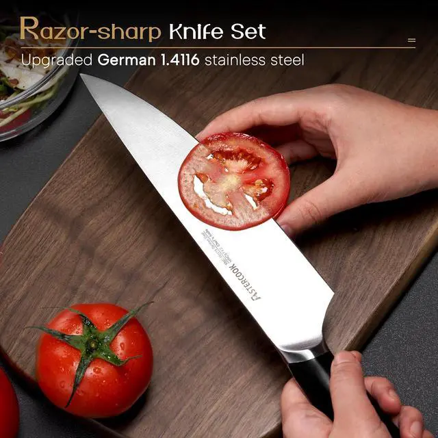Alt view image 2 of 7 - Astercook Knife Set, Kitchen Knives Set with Block and Dual Sharpener Full Tang 15 Pcs German Stainless Steel Knives Sharp Blade Dishwasher Safe Knife Set with Ergonomic Handle, Elegant Black