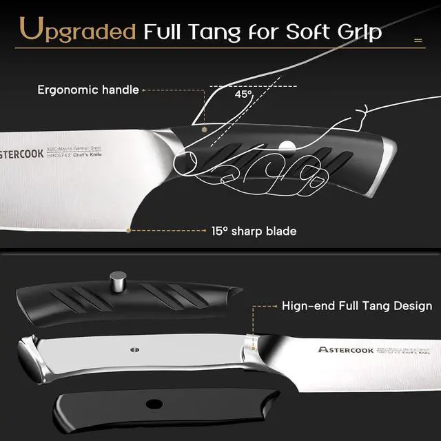 Alt view image 3 of 7 - Astercook Knife Set, Kitchen Knives Set with Block and Dual Sharpener Full Tang 15 Pcs German Stainless Steel Knives Sharp Blade Dishwasher Safe Knife Set with Ergonomic Handle, Elegant Black