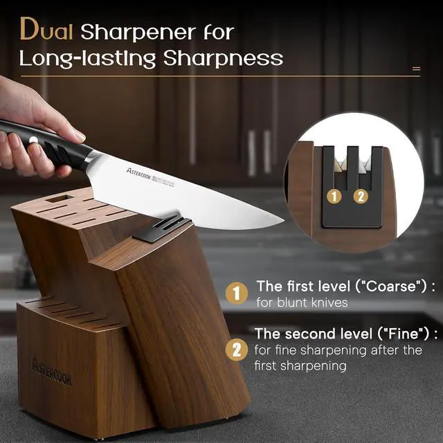 Alt view image 4 of 7 - Astercook Knife Set, Kitchen Knives Set with Block and Dual Sharpener Full Tang 15 Pcs German Stainless Steel Knives Sharp Blade Dishwasher Safe Knife Set with Ergonomic Handle, Elegant Black