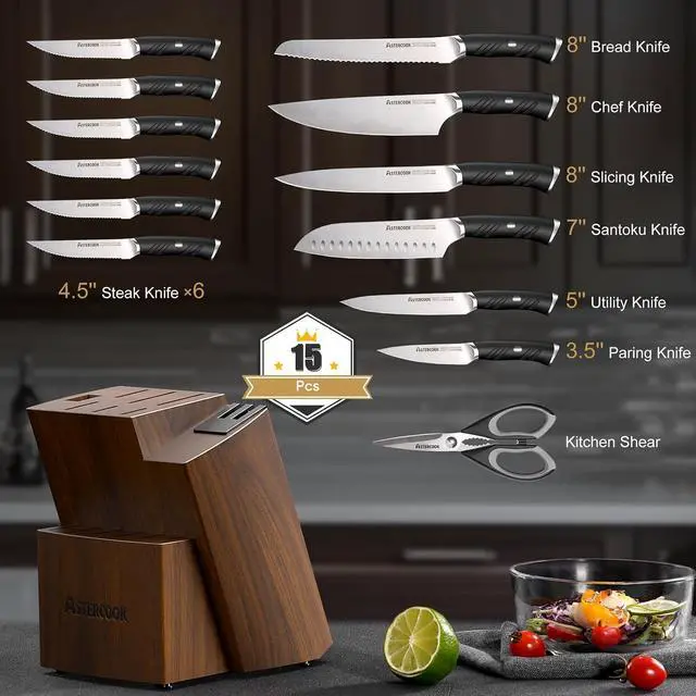 Alt view image 6 of 7 - Astercook Knife Set, Kitchen Knives Set with Block and Dual Sharpener Full Tang 15 Pcs German Stainless Steel Knives Sharp Blade Dishwasher Safe Knife Set with Ergonomic Handle, Elegant Black