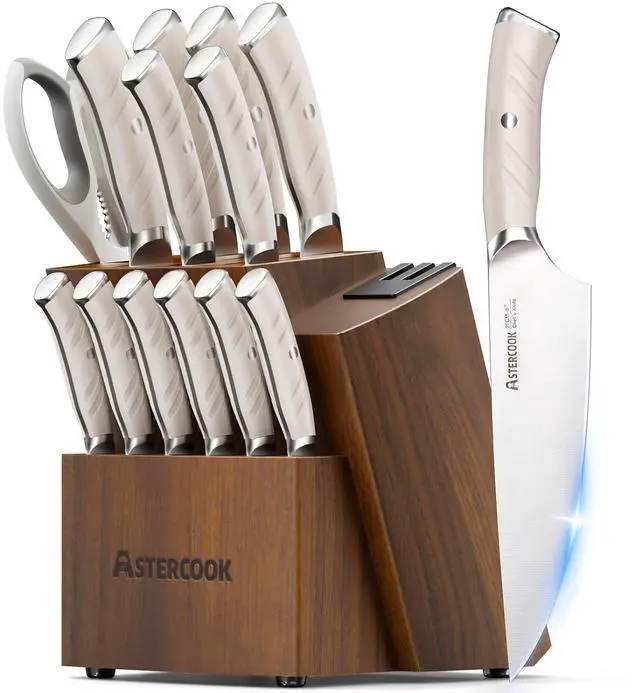 Main image of Astercook Knife Set Kitchen with Block and Dual Sharpener Full Tang 15 Pcs German Stainless Steel Knives Dishwasher Safe Kitchen Utensils Set with Anti-slip Ergonomic Handle, Elegant White