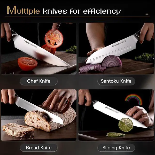 Alt view image 7 of 7 - Astercook Knife Set, Kitchen Knives Set with Block and Dual Sharpener Full Tang 15 Pcs German Stainless Steel Knives Sharp Blade Dishwasher Safe Knife Set with Ergonomic Handle, Elegant Black