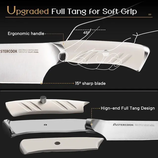 Alt view image 3 of 7 - Astercook Knife Set Kitchen with Block and Dual Sharpener Full Tang 15 Pcs German Stainless Steel Knives Dishwasher Safe Kitchen Utensils Set with Anti-slip Ergonomic Handle, Elegant White