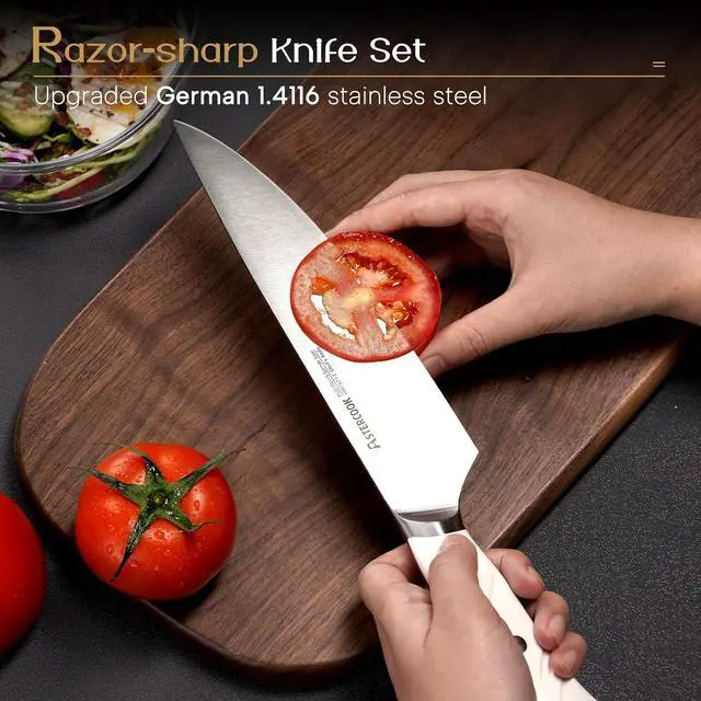 Alt view image 2 of 7 - Astercook Knife Set Kitchen with Block and Dual Sharpener Full Tang 15 Pcs German Stainless Steel Knives Dishwasher Safe Kitchen Utensils Set with Anti-slip Ergonomic Handle, Elegant White