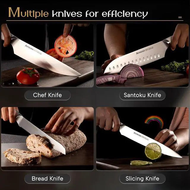 Alt view image 7 of 7 - Astercook Knife Set Kitchen with Block and Dual Sharpener Full Tang 15 Pcs German Stainless Steel Knives Dishwasher Safe Kitchen Utensils Set with Anti-slip Ergonomic Handle, Elegant White