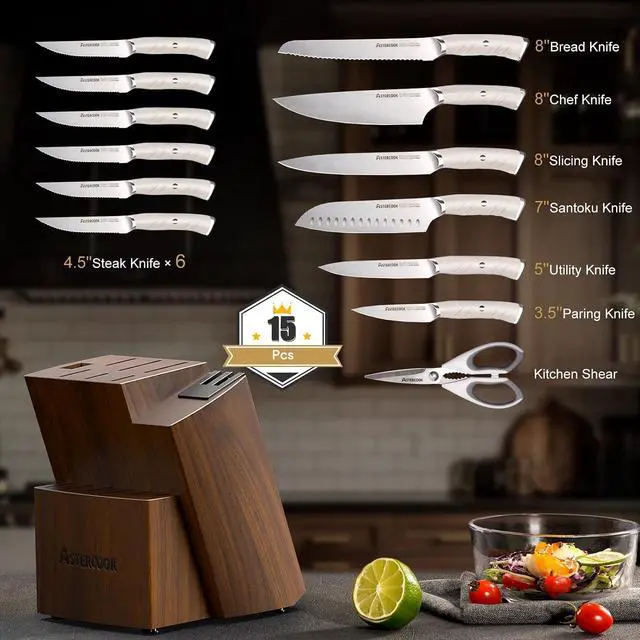 Alt view image 6 of 7 - Astercook Knife Set Kitchen with Block and Dual Sharpener Full Tang 15 Pcs German Stainless Steel Knives Dishwasher Safe Kitchen Utensils Set with Anti-slip Ergonomic Handle, Elegant White