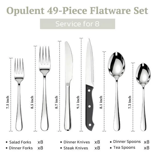 Alt view image 2 of 7 - Astercook 49-Pieces Silverware Set with Steak Knives, Tableware Set for 8 - Great Food-Grade Stainless Steel Flatware Set, Mirror-Polished Dining Utensil Set Perfect for Home & Restaurant