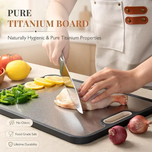 Alt view image 2 of 7 - Astercook Titanium Cutting Board for Kitchen, Dual-Sided Pure Titanium & Wheat Straw PP Cutting Boards with Juice Groove, Non-Porous Chopping Board for Meat, Fish, Vegetables & Fruit, 11.5" x 15.7"