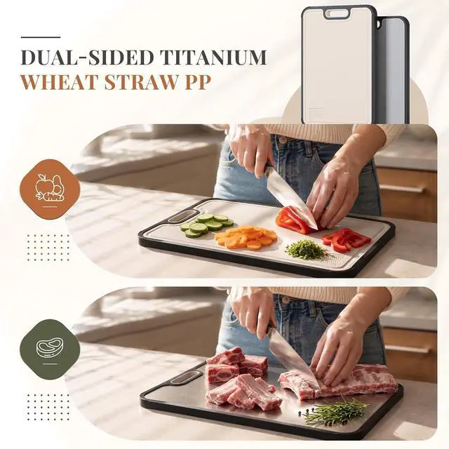 Alt view image 4 of 7 - Astercook Titanium Cutting Board for Kitchen, Dual-Sided Pure Titanium & Wheat Straw PP Cutting Boards with Juice Groove, Non-Porous Chopping Board for Meat, Fish, Vegetables & Fruit, 11.5" x 15.7"