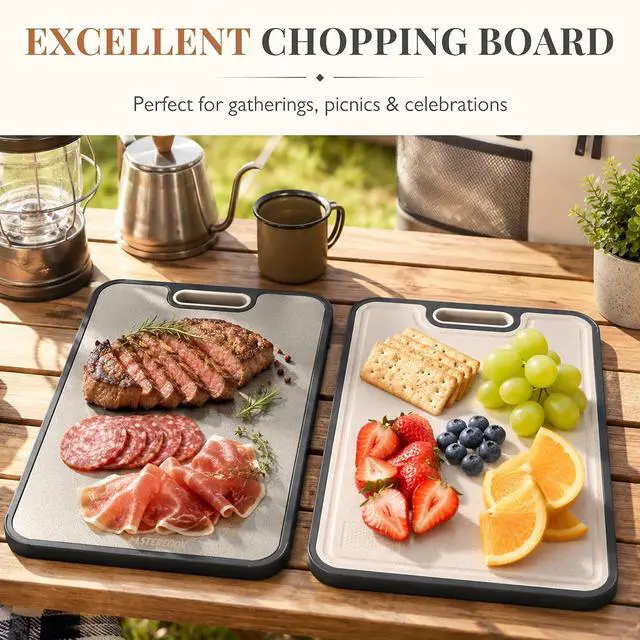Alt view image 6 of 7 - Astercook Titanium Cutting Board for Kitchen, Dual-Sided Pure Titanium & Wheat Straw PP Cutting Boards with Juice Groove, Non-Porous Chopping Board for Meat, Fish, Vegetables & Fruit, 11.5" x 15.7"
