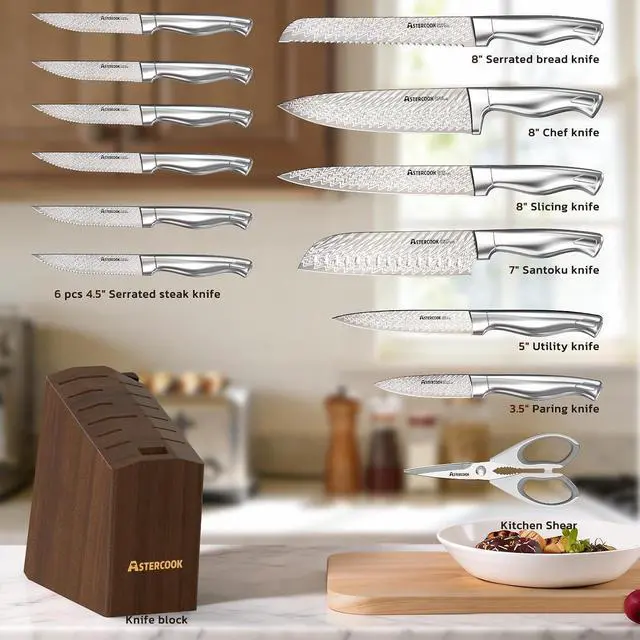 Alt view image 3 of 7 - Astercook Knife Set, 15-Piece Kitchen Knife Sets with Built-in Sharpener Block, German High Carbon Stainless Steel Knives, Dishwasher Safe, Ergonomic Full-Tang Handle, Perfect Holiday Gifts