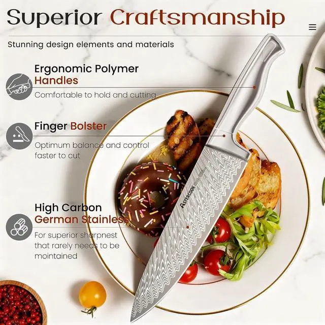 Alt view image 5 of 7 - Astercook Knife Set, 15-Piece Kitchen Knife Sets with Built-in Sharpener Block, German High Carbon Stainless Steel Knives, Dishwasher Safe, Ergonomic Full-Tang Handle, Perfect Holiday Gifts