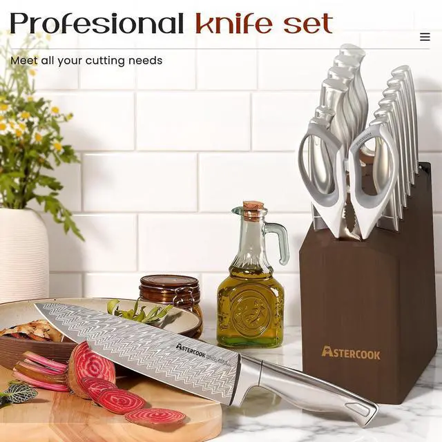 Alt view image 7 of 7 - Astercook Knife Set, 15-Piece Kitchen Knife Sets with Built-in Sharpener Block, German High Carbon Stainless Steel Knives, Dishwasher Safe, Ergonomic Full-Tang Handle, Perfect Holiday Gifts