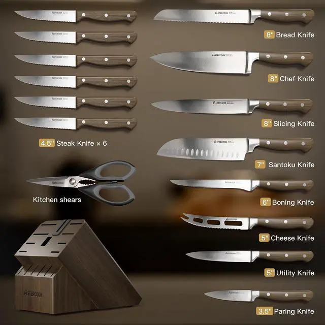 Alt view image 2 of 7 - Astercook 17-Piece Knife Block Set with Built-in Sharpener, German Stainless Steel Full Tang Kitchen Knives, Ergonomic Walnut Handle Cutlery Set for Home Cooking & fathers day gift for Dad