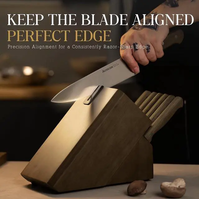 Alt view image 5 of 7 - Astercook 17-Piece Knife Block Set with Built-in Sharpener, German Stainless Steel Full Tang Kitchen Knives, Ergonomic Walnut Handle Cutlery Set for Home Cooking & fathers day gift for Dad