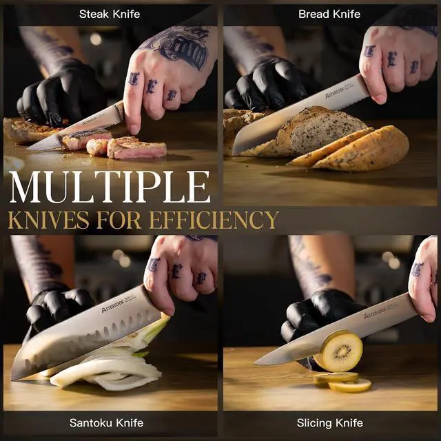 Alt view image 4 of 7 - Astercook 17-Piece Knife Block Set with Built-in Sharpener, German Stainless Steel Full Tang Kitchen Knives, Ergonomic Walnut Handle Cutlery Set for Home Cooking & fathers day gift for Dad