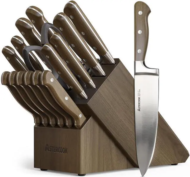 Main image of Astercook 17-Piece Knife Block Set with Built-in Sharpener, German Stainless Steel Full Tang Kitchen Knives, Ergonomic Walnut Handle Cutlery Set for Home Cooking & fathers day gift for Dad