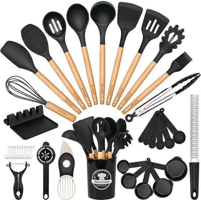 Main image of Astercook Silicone Cooking Utensils Set, 38 PCS Kitchen Utensils Set for 446°F Heat Resistant, Food Grade Utensil Sets with Wooden Handle, Kitchen Gadgets for Nonstick Cookware BPA Free (Black)