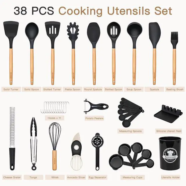 Alt view image 2 of 7 - Astercook Silicone Cooking Utensils Set, 38 PCS Kitchen Utensils Set for 446°F Heat Resistant, Food Grade Utensil Sets with Wooden Handle, Kitchen Gadgets for Nonstick Cookware BPA Free (Black)