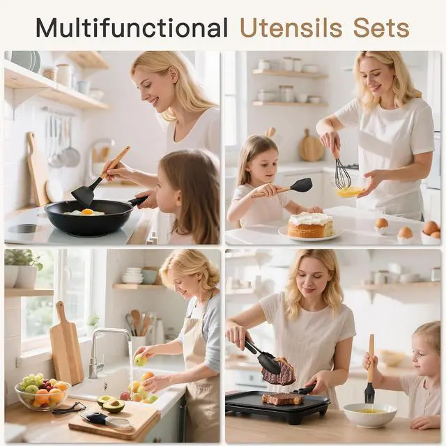 Alt view image 3 of 7 - Astercook Silicone Cooking Utensils Set, 38 PCS Kitchen Utensils Set for 446°F Heat Resistant, Food Grade Utensil Sets with Wooden Handle, Kitchen Gadgets for Nonstick Cookware BPA Free (Black)