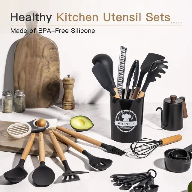 Alt view image 4 of 7 - Astercook Silicone Cooking Utensils Set, 38 PCS Kitchen Utensils Set for 446°F Heat Resistant, Food Grade Utensil Sets with Wooden Handle, Kitchen Gadgets for Nonstick Cookware BPA Free (Black)