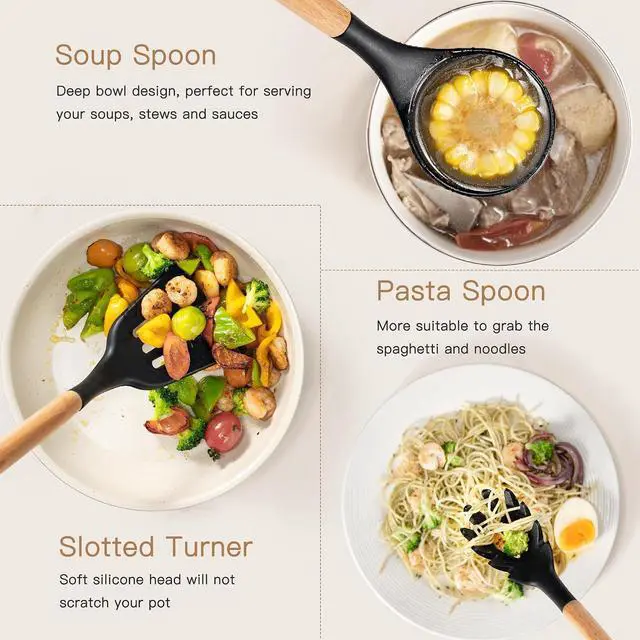 Alt view image 5 of 7 - Astercook Silicone Cooking Utensils Set, 38 PCS Kitchen Utensils Set for 446°F Heat Resistant, Food Grade Utensil Sets with Wooden Handle, Kitchen Gadgets for Nonstick Cookware BPA Free (Black)