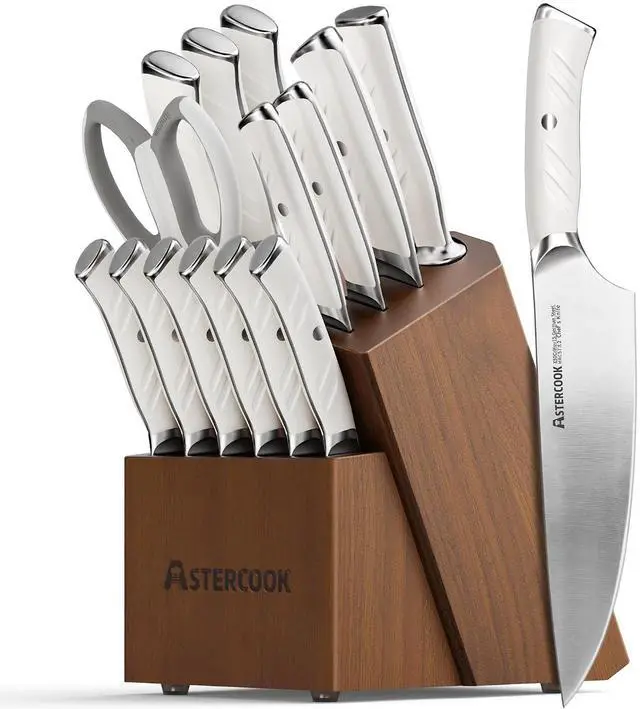 Main image of Knife Set, Astercook Kitchen Knife Set with Block, 15 Pcs Luxurious High Carbon German Stainless Steel Knives Set with Full Tang Ergonomic Handle, Dishwasher Safe Knife Set with Sharpening Rod, White