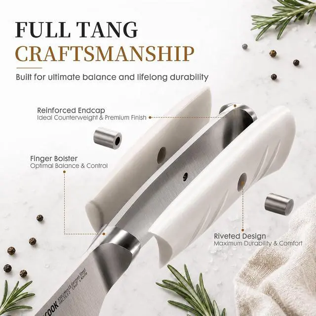 Alt view image 3 of 7 - Knife Set, Astercook Kitchen Knife Set with Block, 15 Pcs Luxurious High Carbon German Stainless Steel Knives Set with Full Tang Ergonomic Handle, Dishwasher Safe Knife Set with Sharpening Rod, White