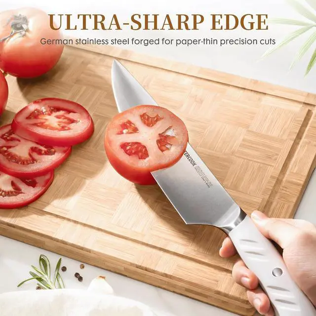 Alt view image 2 of 7 - Knife Set, Astercook Kitchen Knife Set with Block, 15 Pcs Luxurious High Carbon German Stainless Steel Knives Set with Full Tang Ergonomic Handle, Dishwasher Safe Knife Set with Sharpening Rod, White