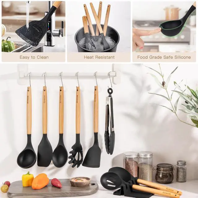 Alt view image 6 of 7 - Astercook Silicone Cooking Utensils Set, 38 PCS Kitchen Utensils Set for 446°F Heat Resistant, Food Grade Utensil Sets with Wooden Handle, Kitchen Gadgets for Nonstick Cookware BPA Free (Black)