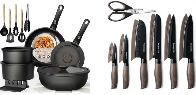 Main image of Astercook Non Stick RV Pots and Pans Ceramic Kitchen Cookware Set and Astercook 13-Piece Kitchen Knife Set with Black Anti-Rust Coating Stainless Steel Chef Knives Set