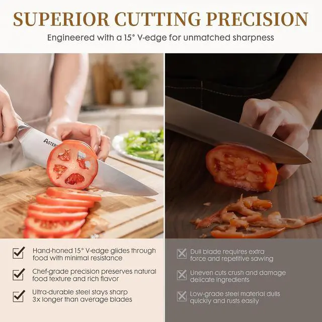Alt view image 4 of 7 - Knife Set, Astercook Kitchen Knife Set with Block, 15 Pcs Luxurious High Carbon German Stainless Steel Knives Set with Full Tang Ergonomic Handle, Dishwasher Safe Knife Set with Sharpening Rod, White