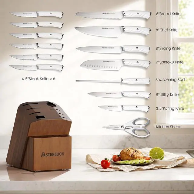 Alt view image 7 of 7 - Knife Set, Astercook Kitchen Knife Set with Block, 15 Pcs Luxurious High Carbon German Stainless Steel Knives Set with Full Tang Ergonomic Handle, Dishwasher Safe Knife Set with Sharpening Rod, White