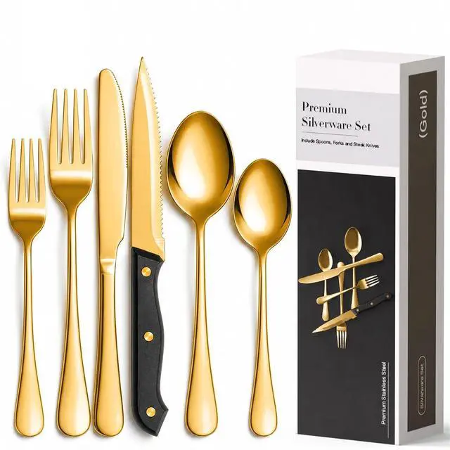 Main image of Astercook 49-Piece Gold Silverware Set with Steak Knives, Flatware Tableware Set for 8, Great Food-Grade Stainless Steel Cutlery Set, Mirror Polished Dining Utensils Set, Perfect for Home Restaurant