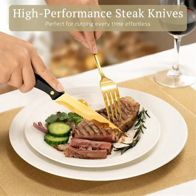 Alt view image 3 of 7 - Astercook 49-Piece Gold Silverware Set with Steak Knives, Flatware Tableware Set for 8, Great Food-Grade Stainless Steel Cutlery Set, Mirror Polished Dining Utensils Set, Perfect for Home Restaurant