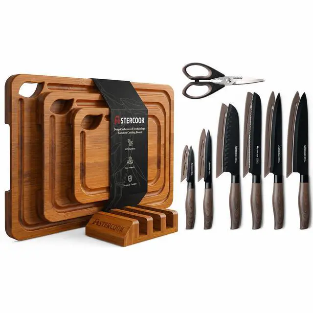 Main image of Astercook Deep-Carbonized Bamboo Cutting Boards and 13-Piece Kitchen Knives Set