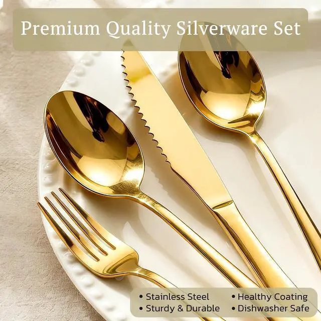 Alt view image 4 of 7 - Astercook 49-Piece Gold Silverware Set with Steak Knives, Flatware Tableware Set for 8, Great Food-Grade Stainless Steel Cutlery Set, Mirror Polished Dining Utensils Set, Perfect for Home Restaurant
