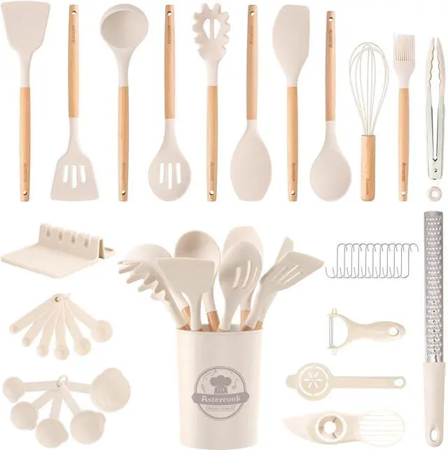 Main image of Astercook Silicone Cooking Utensils Set, 38 PCS Kitchen Utensils Set for 446°F Heat Resistant, Food Grade Utensil Sets with Wooden Handle, Kitchen Gadgets for Nonstick Cookware BPA Free (White)