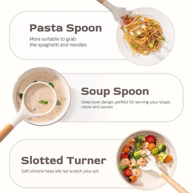 Alt view image 3 of 7 - Astercook Silicone Cooking Utensils Set, 38 PCS Kitchen Utensils Set for 446°F Heat Resistant, Food Grade Utensil Sets with Wooden Handle, Kitchen Gadgets for Nonstick Cookware BPA Free (White)